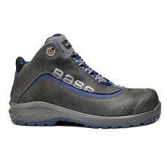 Black Base Be Joy Safety Boot. Boot has a blue sole, Grey sole upper, black scuff cap and black and blue laces. Boot has base branding and Blue contrast through out.