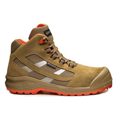 Tan Base Be Moon Safety Boot. Boot has a orange sole, tan sole upper, tan scuff cap and tan laces. Boot has base branding and orange contrast through out.