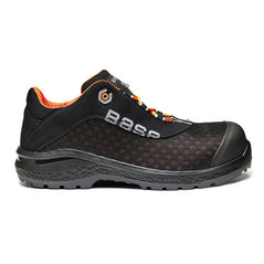 Black Base Be Fit Safety Trainer. Trainer has a black sole, Black scoff cap, Black outer and a mesh contrast in orange. Trainer also has orange laces and base branding. 