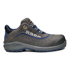 Black Base Be Light Safety Shoe. Shoe has a blue sole, Grey sole upper, black scuff cap and black and blue laces. Shoe has base branding and Blue contrast through out.