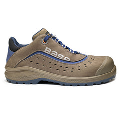 Beige Base Be Active Safety Shoe. Shoe has a black sole, Protective toe with tan scuff cap and blue and white laces. shoe has blue contrast through out the shoe also has base branding.