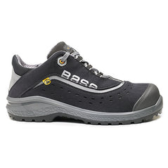 Black Base Be Style Safety Trainer. Trainer has a black sole, Grey Sole upper, Black scuff cap and Black laces. Trainer has base branding and grey contrast through out.