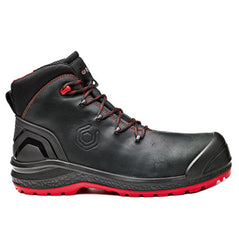Black Base Be Strong Be Uniform Top Safety Boot. Boot has a Red sole, Black sole upper and black laces. Boot has base branding and Red contrast through out.