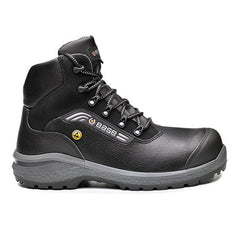 Black Base Be Easy Safety Boots. Boot has a grey sole, Lighter grey sole upper, Protective toe, Black scuff cap, black and grey laces. Boot also has base branding.