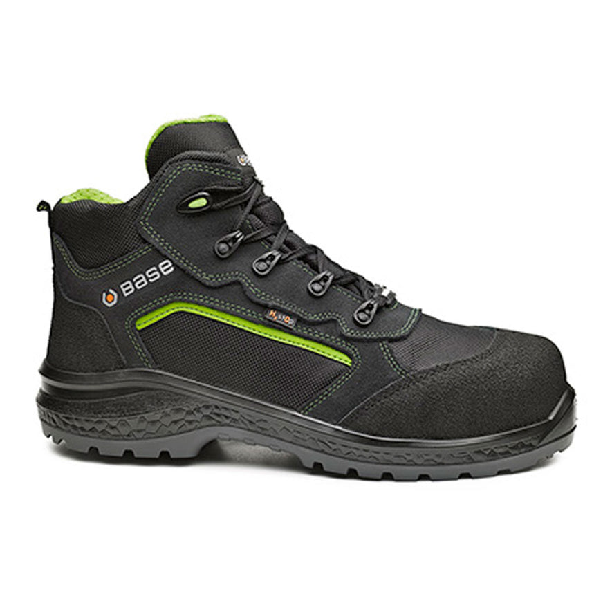 Black Base Be Powerful Top Safety Boot. Boot has a black sole, Black sole upper, black scuff cap and black laces. Boot has base branding and Green contrast through out.