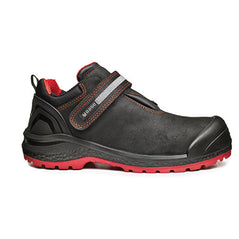 Black Base Twinkle Safety Shoe with a protective toe, Scuff Cap and Red stitching for contrast with velcro fasten.