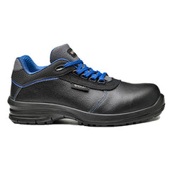Black Base Izar Safety Boot with a protective toe, and Blue contrast on the side of the trainer and Laces.