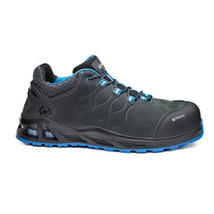 Black and blue Base K Road Safety trainer with a protective toe, scuff cap and contrast on the top and sole of the trainer.