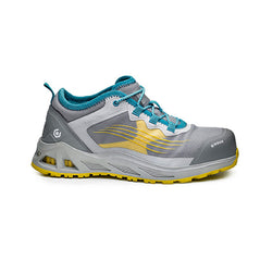 Grey, Yellow and blue Base K Pop Safety Trainer with a protective toe, scuff cap and contrast on the side, top and sole of the trainer.