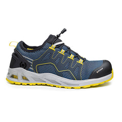 Black, Blue and yellow Base K Balance/ K Walk Safety Trainer with a protective toe, scuff cap and contrast on the side and sole of the trainer.
