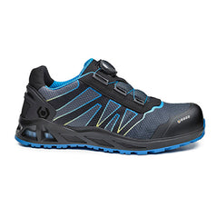 Black and Blue Base K Energy Safety Trainer with a protective toe, scuff cap and contrast on the side and sole of the trainer.