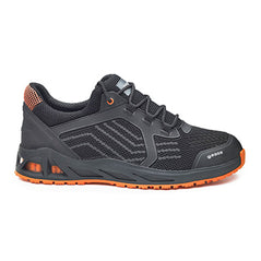 Black and Orange Base K Twist Safety trainer with a protective toe, scuff cap and contrast on the top and sole of the trainer.