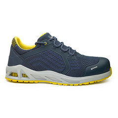Blue, White and Yellow Base K Sprint Safety trainer with a protective toe, scuff cap and contrast on the top and sole of the trainer.