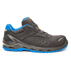 Black, Grey and Blue Base I Robox safety Trainer with a protective toe Scuff cap and a colour contrast to the upper and sole with lace Fasten.