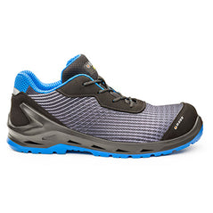 Black, Grey and Blue Base I Cyber safety trainer with a protective toe Scuff cap and a colour contrast to the upper and sole with lace Fasten.