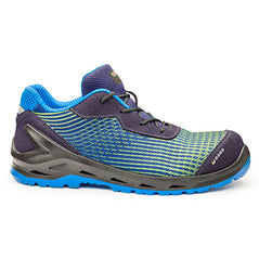 Blue, Grey and Fluorescent Yellow Base I Cyber Flou safety trainer with a protective toe Scuff cap and a colour contrast to the upper and sole with lace Fasten.