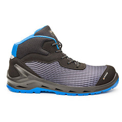 Black, Grey and Blue Base I Cyber Top safety Boot with a protective toe Scuff cap and a colour contrast to the upper and sole with lace Fasten.