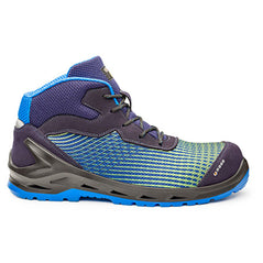 Blue, Grey and Fluorescent Yellow Base I Cyber Flou Top safety Boot with a protective toe Scuff cap and a colour contrast to the upper and sole with lace Fasten.