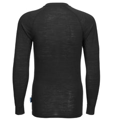 Back of Portwest Merino Wool Crewneck Baselayer Top in black with seam on shoulders and high neck collar.