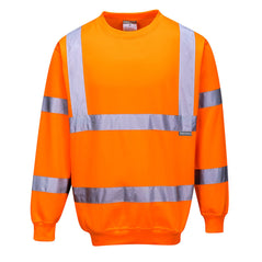 Orange Hi vis crew neck sweatshirt. Sweatshirts have two hi vis waist bands and hi vis shoulder bands.  