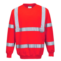 Red Hi vis crew neck sweatshirt. Sweatshirts have two hi vis waist bands and hi vis shoulder bands.  