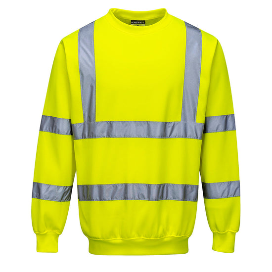Yellow Hi vis crew neck sweatshirt. Sweatshirts have two hi vis waist bands and hi vis shoulder bands.  