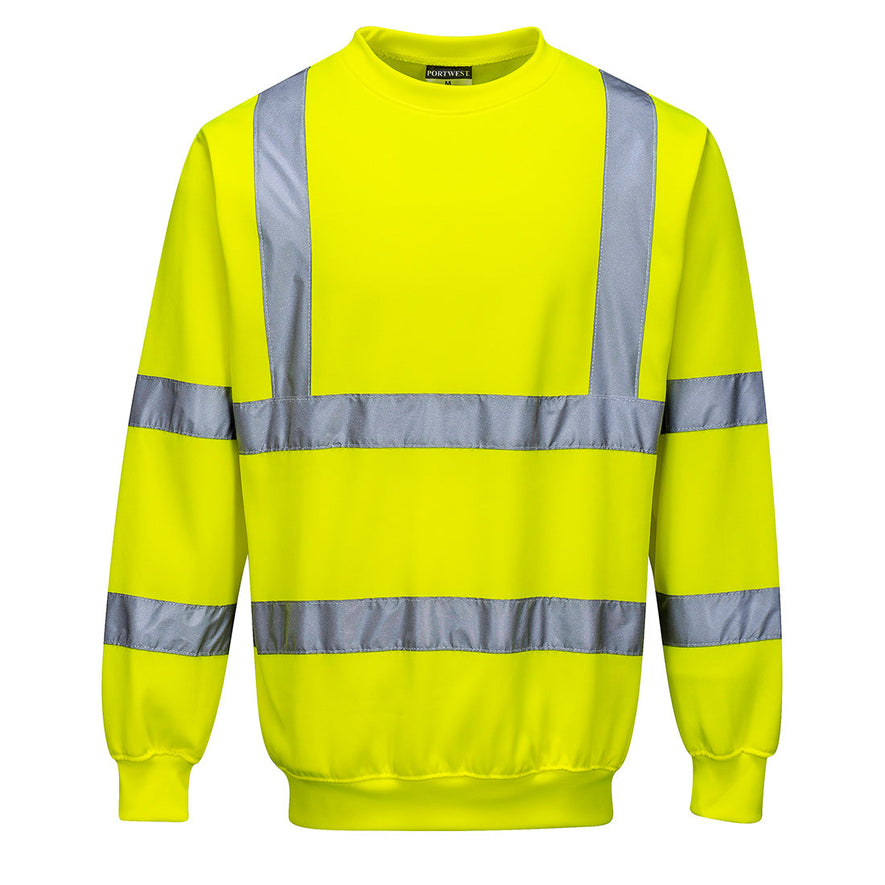 Yellow Hi vis crew neck sweatshirt. Sweatshirts have two hi vis waist bands and hi vis shoulder bands.  