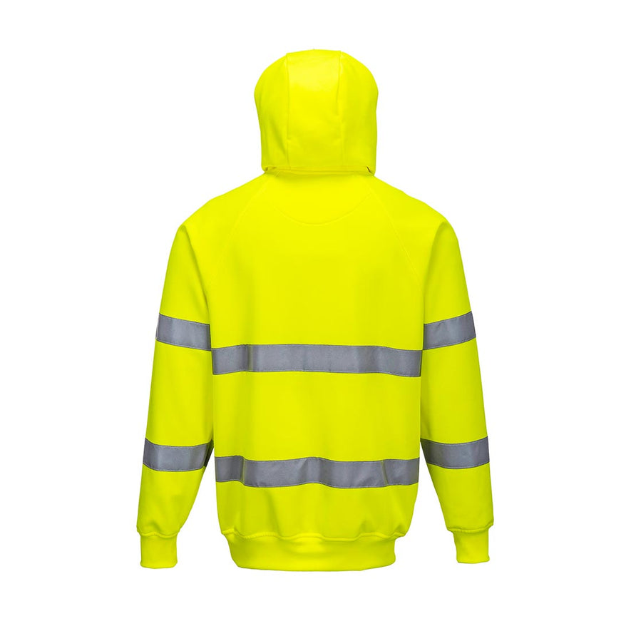 Back of Yellow Hi-Vis Hooded Sweatshirt with reflective tape