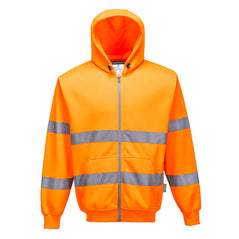 Orange Hi vis hooded full zip jacket. Jacket with two hi vis waist band arm bands and shoulder bands. Zip fasten with waist pockets and visible hood. Hood has black fastening drawstring tabs.