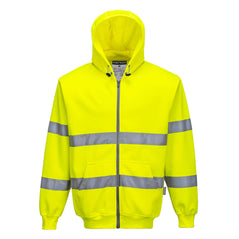Yellow Hi vis hooded full zip jacket. Jacket with two hi vis waist band arm bands and shoulder bands. Zip fasten with waist pockets and visible hood. Hood has black fastening drawstring tabs.