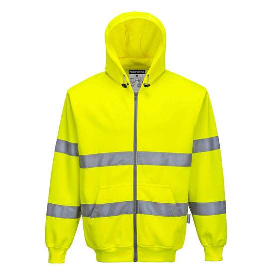 Yellow Hi vis hooded full zip jacket. Jacket with two hi vis waist band arm bands and shoulder bands. Zip fasten with waist pockets and visible hood. Hood has black fastening drawstring tabs.