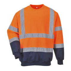 Portwest Hi Vis Two tone Orange and navy Sweatshirt. Sweatshirt has navy contrast on the bottom of the shirt and arms. Shirt has hi vis bands across the waist arms and shoulders 