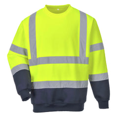 Portwest Hi Vis Two tone Yellow and navy Sweatshirt. Sweatshirt has navy contrast on the bottom of the shirt and arms. Shirt has hi vis bands across the waist arms and shoulders