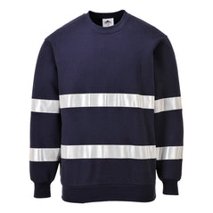 Navy Iona Sweatshirt with two bands of reflective tape across chest and arms. Long sleeves, crew neck and elasticated wrists and waistband.