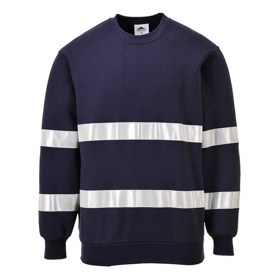 Navy Iona Sweatshirt with two bands of reflective tape across chest and arms. Long sleeves, crew neck and elasticated wrists and waistband.