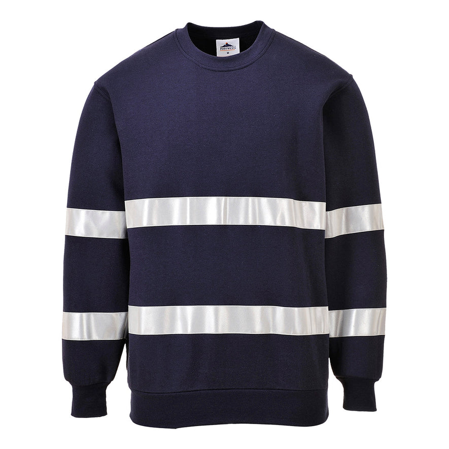 Navy Iona Sweatshirt with two bands of reflective tape across chest and arms. Long sleeves, crew neck and elasticated wrists and waistband.