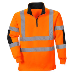 Orange hi vis Portwest Xenon rugby shirt sweatshirt. Sweatshirt is quarter zip fasten and has black elbow patches. Sweatshirt has hi vis strips on the arms, waist and shoulders.