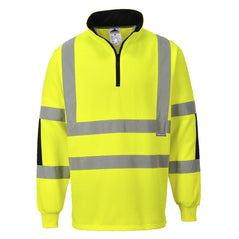Yellow hi vis Portwest Xenon rugby shirt sweatshirt. Sweatshirt is quarter zip fasten and has black elbow patches. Sweatshirt has hi vis strips on the arms, waist and shoulders.