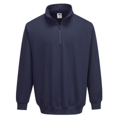 Navy Portwest Sorento Zip Neck sweatshirt. Sweatshirt has a three quarter zip and elasticated wrist to the sleeve.
