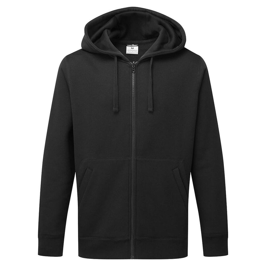 Portwest Zip Through Hoodie in black with long sleeves, full zip fastening, hood with drawstring and two front pockets.