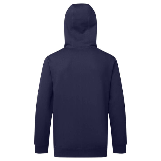 Back of Portwest Zip Through Hoodie in navy with long sleeves and hood.