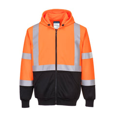 Orange Hi vis hooded full zip jacket. Jacket with one hi vis waist band arm bands and shoulder bands. Zip fasten with waist pockets and visible hood. Black contrast on the bottom of the arms and body. Hood has black fastening drawstring tabs.