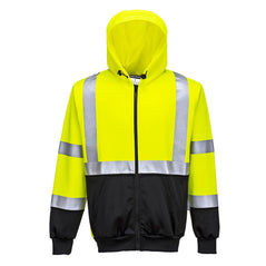 Yellow Hi vis hooded full zip jacket. Jacket with one hi vis waist band arm bands and shoulder bands. Zip fasten with waist pockets and visible hood. Black contrast on the bottom of the arms and body. Hood has black fastening drawstring tabs.
