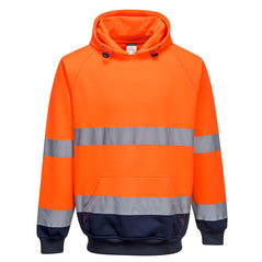 Portwest Hi Vis Two tone Orange and navy Hooded Sweatshirt. Hoodie has navy contrast on the bottom of the jacket and arms. Hoodie has hi vis bands across the waist and arms as well as a hood and large front pocket. Hoodie has drawstring tab fasten.