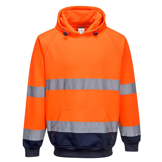 Portwest Hi Vis Two tone Orange and navy Hooded Sweatshirt. Hoodie has navy contrast on the bottom of the jacket and arms. Hoodie has hi vis bands across the waist and arms as well as a hood and large front pocket. Hoodie has drawstring tab fasten.