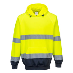Portwest Hi Vis Two tone Yellow and navy Hooded Sweatshirt. Hoodie has navy contrast on the bottom of the jacket and arms. Hoodie has hi vis bands across the waist and arms as well as a hood and large front pocket. Hoodie has drawstring tab fasten.