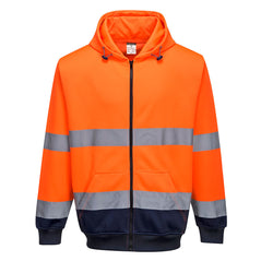 Portwest Hi Vis Two tone Orange and navy Hooded Zip Sweatshirt. Hoodie has navy contrast on the bottom of the jacket and arms. Hoodie has hi vis bands across the waist and arms as well as a hood, zip fasten and large front pocket. Hoodie has drawstring tab fasten.