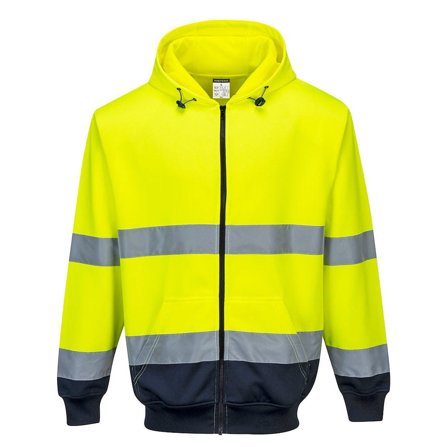 Portwest Hi Vis Two tone Yellow and navy Hooded Zip Sweatshirt. Hoodie has navy contrast on the bottom of the jacket and arms. Hoodie has hi vis bands across the waist and arms as well as a hood, zip fasten and large front pocket. Hoodie has drawstring tab fasten.