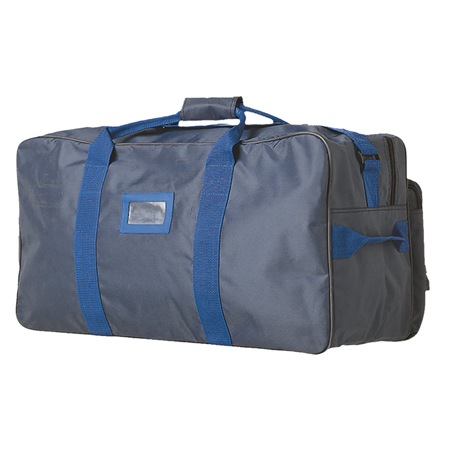 Grey Portwest travel bag. Bag has blue contrast on the handle straps and Id holder.