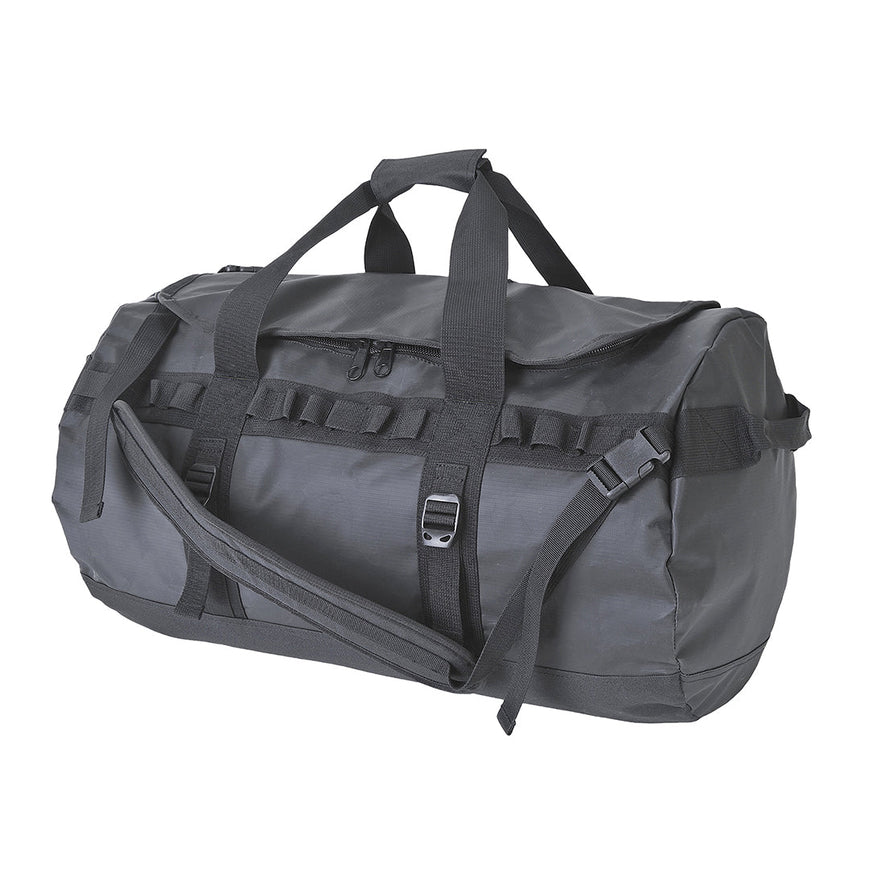 Black Portwest waterproof hold all 70L bag from portwest. Bag has black straps and zip pocket tighten.